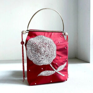 Vintage Red Silk Floral Motif  Beaded Unique Top Handle Bag